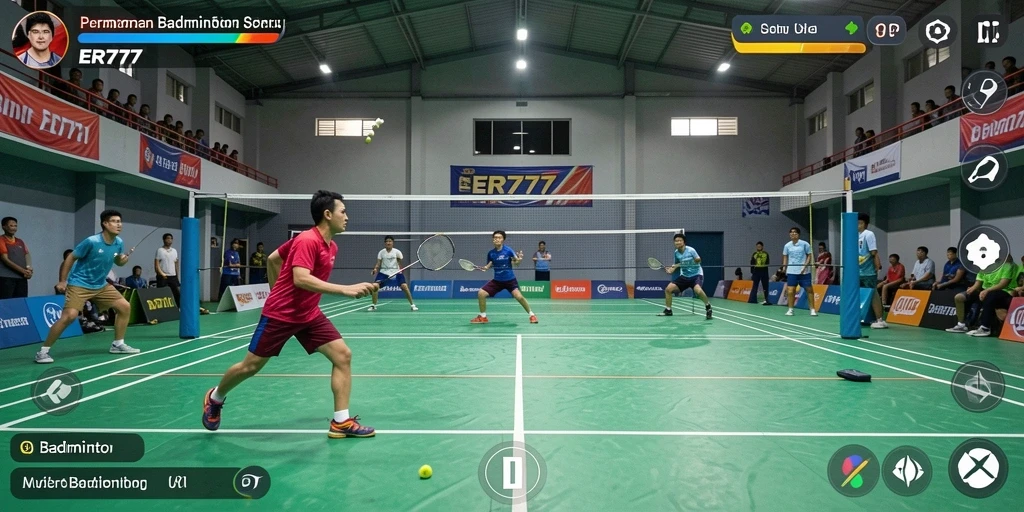 Tampilan antarmuka game badminton dengan kontrol yang intuitif.